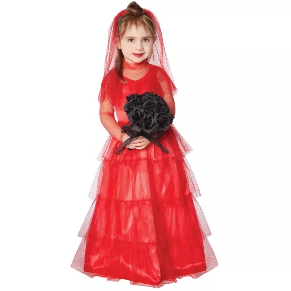 Lydia Beetlejuice Red Layered Dress with veil kids toddler Halloween Costume